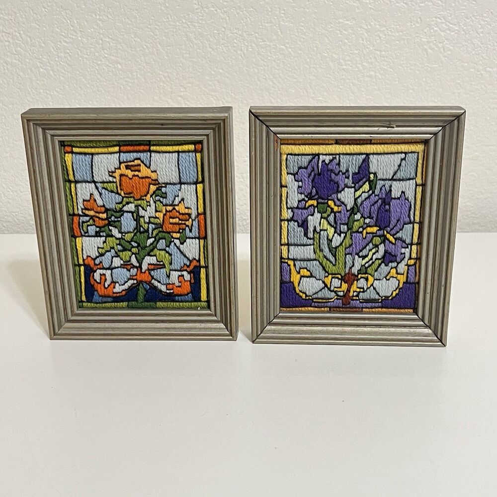 Vintage Stained Glass Floral Needlepoint Longstitch Completed Art in Frame Set